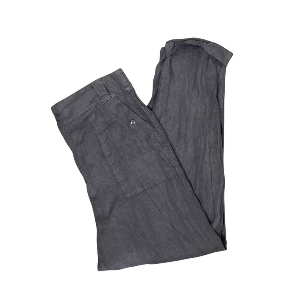 Tahari 100% Linen Pants Gray Cropped Cuff Leg Pull On Elastic Waist Lightweight